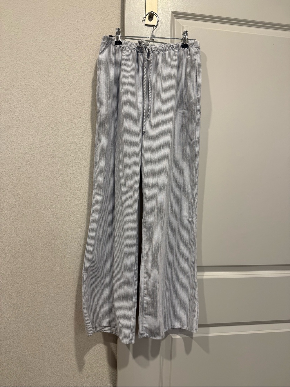 Blue & White Wide Leg Drawstring Linen Pants